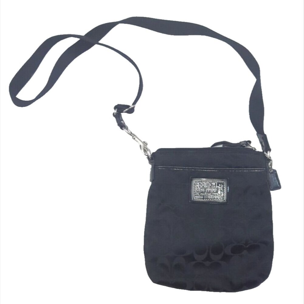 Coach Black Canvas Signature Poppy Patent Patch Small Slim Crossbody Bag